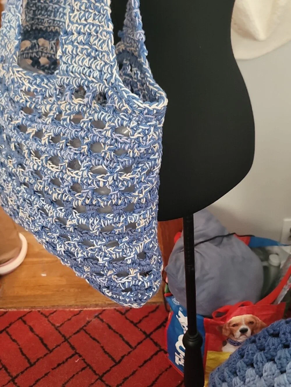 Hand Crocheted Blue Peek-a-Boo Market  Tote Bag